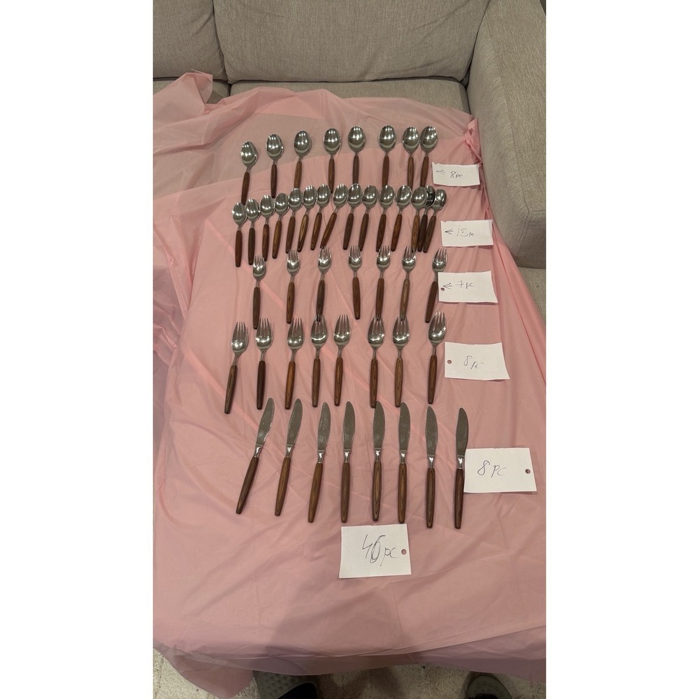 Vintage Lifetime Stainless Flatware Set Wood Grain Handles 46 Pc